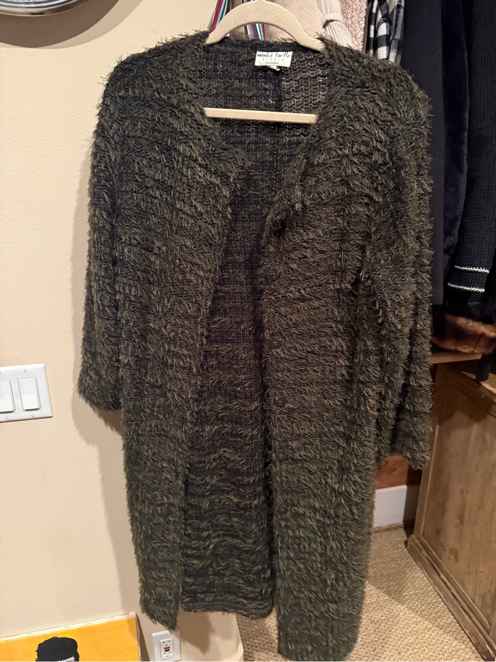 Olive Green Open-Front Fuzzy Cardigan Sweater